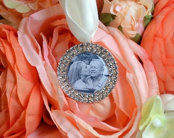 Bouquet Photo Charm Rose Gold Pink Double Rhinestone Round Wedding Bridal Memory Frame Bling