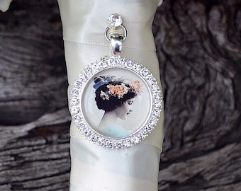 Bouquet Photo Charm Rhinestone Round Silver Wedding Bridal Memory Frame Bling