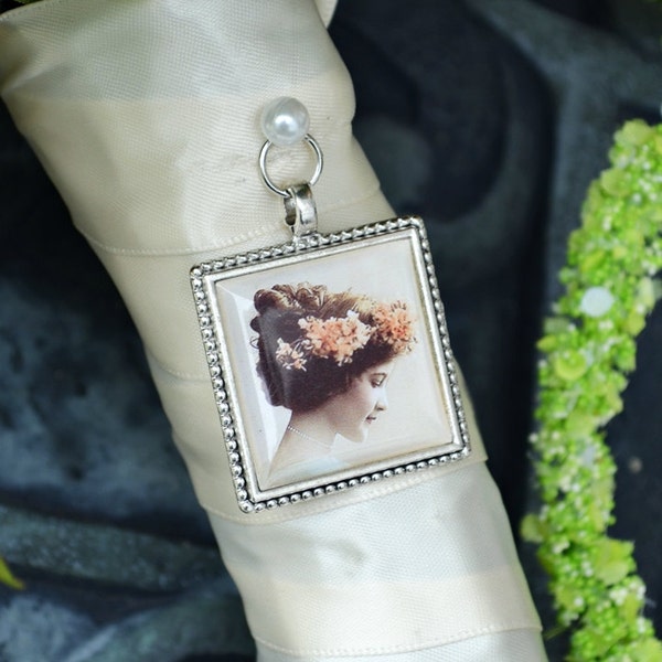 Bouquet Photo Charm Frame Square Antique Silver Wedding Memory Keepsake