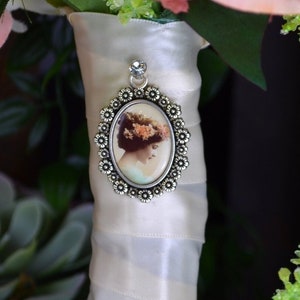 Rose Bouquet Photo Charm Frame Oval Antique Silver Wedding Bridal Memory Vintage