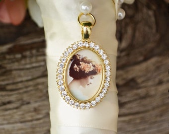 Bouquet Photo Charm Rhinestone Picture Setting Wedding Gold Oval Bridal Memory Accents Frame Bling