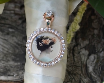 Bouquet Photo Charm Rose Gold Pink Rhinestone Round Wedding Bridal Memory Frame Bling