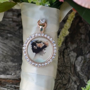 Bouquet Photo Charm Rose Gold Pink Rhinestone Round Wedding Bridal Memory Frame Bling