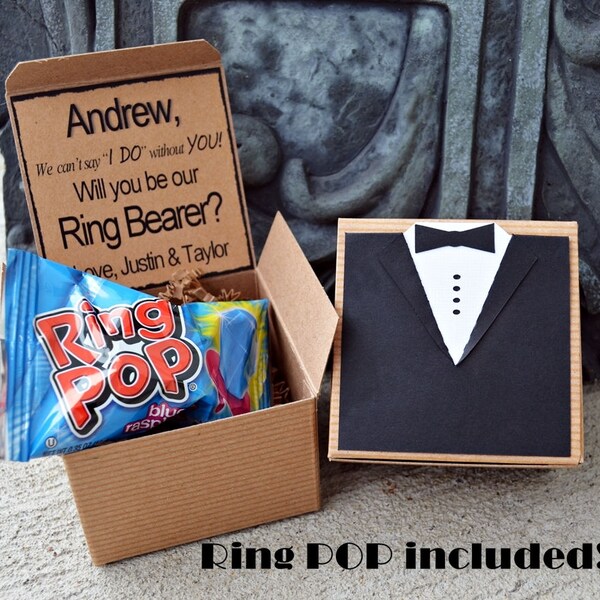 Ring POP ~ Will You Be My Ring Bearer TUX Boxed Invite Time To Suit Up Rustic POP the Question Tuxedo Bow Tie