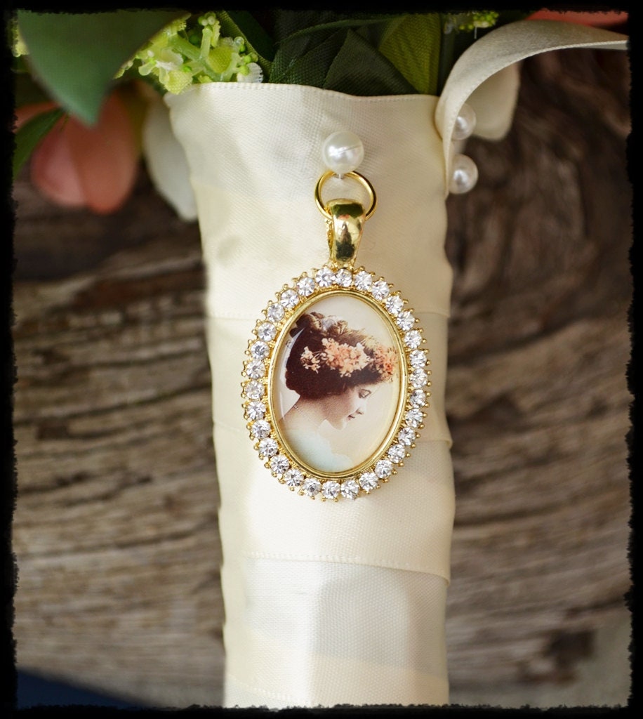 Bouquet Photo Charm Rhinestone Picture Setting Wedding Gold Oval Bridal Memory Accents Frame Bling
