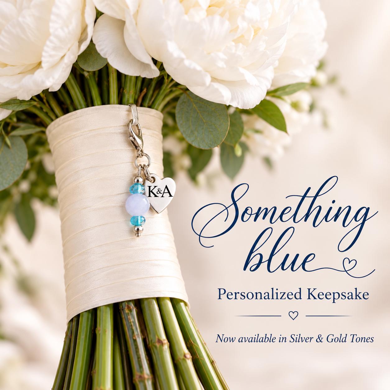Personalized Something Blue Wedding Charm, Bridal Bouquet Keepsake, Initials Heart (Silver/Gold-tone)