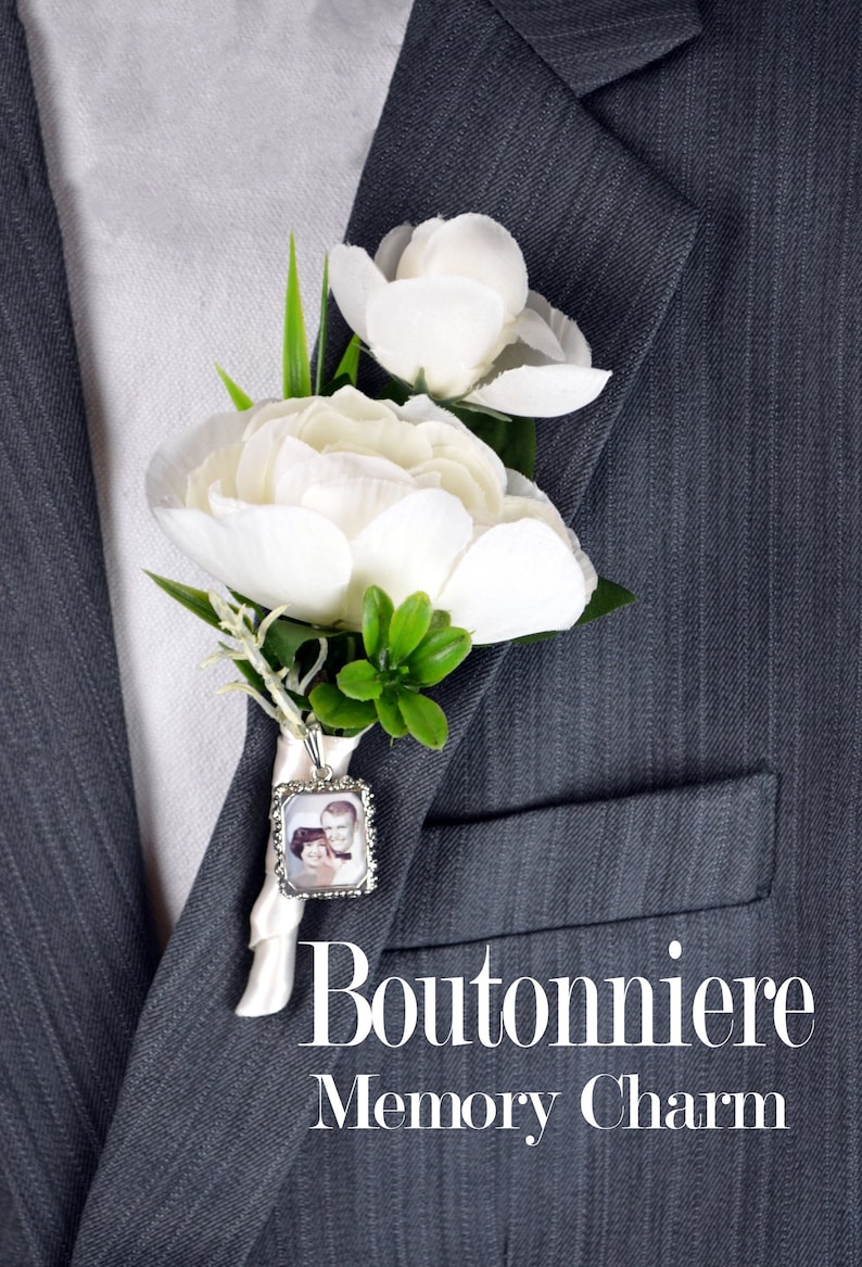 Boutonniere Mens Bouquet Photo Charm Frame Wedding Bridal Memory Vintage Antique Silver 