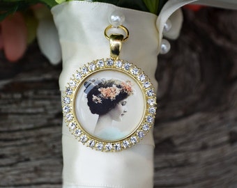 Bouquet Photo Charm Rhinestone Round Gold Wedding Bridal Memory Frame Bling