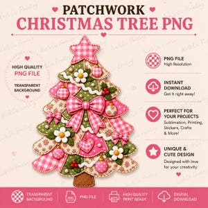 Könnte beinhalten: Eine digitale Grafik eines Patchwork-Weihnachtsbaums mit rosa und grünen Stoffmustern, einer großen rosa Vichy-Schleife, weißen Blumen und Ornamenten. Der Text lautet PATCHWORK CHRISTMAS TREE PNG, HIGH QUALITY PNG FILE und weitere beschreibende Etiketten.