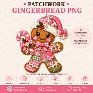 Könnte beinhalten: Eine Lebkuchenfigur-Grafik mit Patchwork-Design in Rosa, Weiß und Grün. Sie trägt eine passende Mütze und Fliege und hält eine Zuckerstange. Der Text umfasst PATCHWORK GINGERBREAD PNG, HIGH QUALITY PNG FILE und TRANSPARENT BACKGROUND.