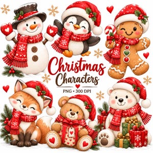 May include: A collection of Christmas characters including a snowman, a penguin, a gingerbread person, a fox, a teddy bear, and a polar bear, all wearing red winter accessories. The text reads Christmas Characters PNG 300 DPI.