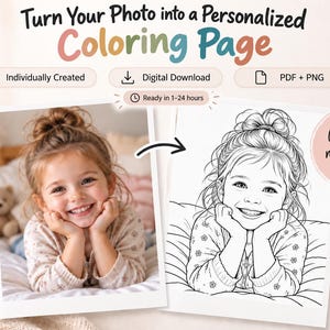 Könnte beinhalten: Ein digitaler Service, der ein Foto in eine personalisierte Malvorlage umwandelt. Die Grafik zeigt den Text Turn Your Photo into a Personalized Coloring Page, Individually Created, Digital Download, PDF + PNG und Unique memories to color.