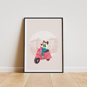 Lámina artística de niña en scooter en Polonia, decoración colorida para habitación infantil, póster de aprendizaje de transporte, regalo considerado para niños aventureros