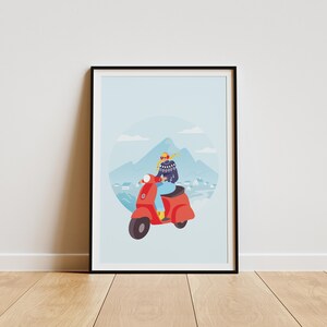 Póster infantil de niña en scooter en Islandia, arte de aventuras colorido, impresión nórdica, decoración de pared educativa para niños, regalo de viaje divertido para niños