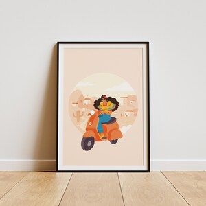 Póster infantil de niña en scooter en México, arte vibrante de transporte mundial para una divertida decoración de habitación infantil, regalo educativo perfecto para jóvenes viajeros