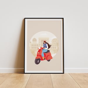 Mädchen auf einem Roller in Uzbekistan Kinderposter, bunte Reisekunst für Kinder, lehrreiche Wanddekoration, lebendige Reiseillustration für Kinder