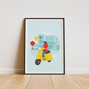 Póster infantil de niña en scooter en Vietnam, arte de transporte colorido, decoración de pared educativa para habitaciones infantiles, regalo para pequeños exploradores