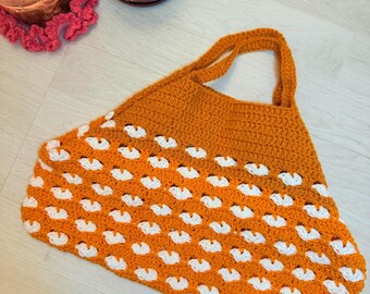 Orange mit weißherz handgemachte Tasche, handgemachte Häkeltasche, weiße herzförmige Häkeltasche, Handtasche, Geschenk für Sie