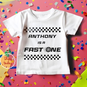 Personalized &quot;Fast One&quot; Birthday T-Shirt for One Year Old, Fast One Birthday Outfit, Race Car Birthday Tee, Baby Racer Apparel