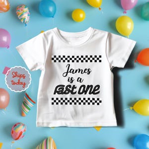 Personalized &quot;Fast One&quot; Birthday T-Shirt for One Year Old, Fast One Birthday Outfit, Race Car Birthday Tee, Baby Racer Apparel