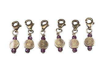 Miniature Locking Stitch Markers - Set of Six - Genuine Amethyst