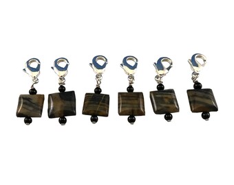 Locking Stitch Markers - Set of Six - Genuine Striped Jasper and Black Onyx