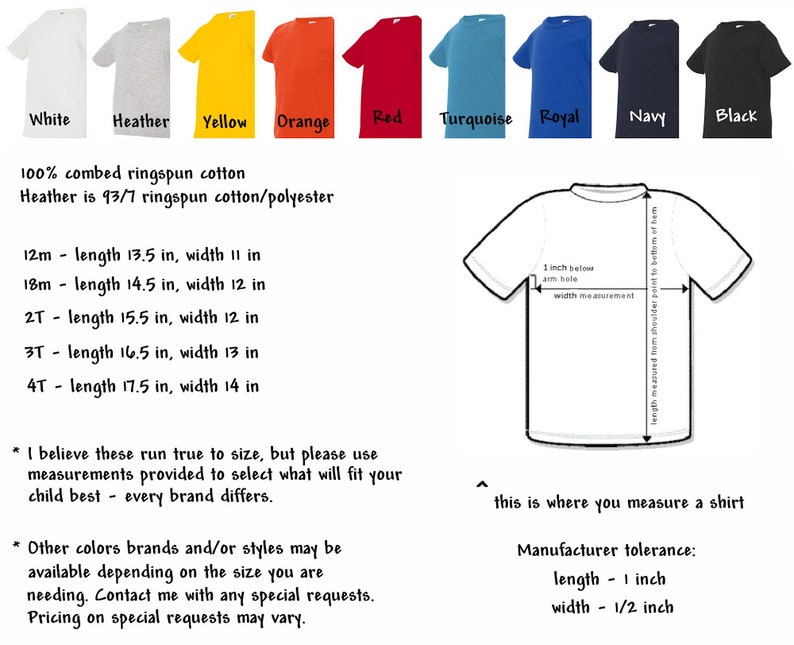 Op de afbeelding: Een tabel met verschillende kleuren T-shirts met maatgegevens in inches. De tabel bevat de volgende maten: 12 maanden, 18 maanden, 2 jaar, 3 jaar en 4 jaar. De tabel bevat ook de volgende kleuren: wit, grijs, geel, oranje, rood, turquoise, koninklijkblauw, marineblauw en zwart.