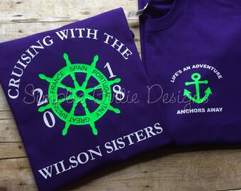 Custom cruise shirts. Family cruise shirts. Custom colors and text. Gildan Softstyle shirts. Adult crew neck or V-neck and youth crew neck.
