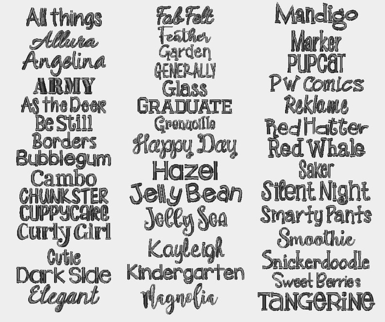 Op de afbeelding: Een zwart-witte afbeelding met een lijst met woorden in een handschrift. De woorden zijn gerangschikt in drie kolommen. De woorden omvatten "All things", "Allura", "Angelina", "ARMY", "As the Deer", "Be Still", "Borders", "Bubblegum", "Cambo", "CHUNKSTER", "CUPPYCARE", "Curly Girl", "Cutie", "Dark Side", "Elegant", "Fab Felt", "Feather", "Garden", "GENERALLY", "Glass", "GRADUATE", "Grenzoille", "Happy Day", "Hazel", "Jelly Bean", "Jelly Soa", "Kayleigh", "Kindergarten", "Magnolia", "Mandigo", "Marker", "PUPCAT", "PW Comics", "Reklame", "Red Hatter", "Red Whale", "Saker", "Silent Night", "Smarty Pants", "Smoothie", "Snickerdoodle", "Sweet Berries", "TANGERINE".