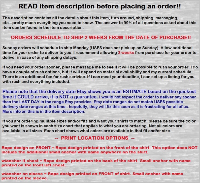 Puede incluir: Texto sobre un fondo blanco con texto negro que explica el calendario de env&iacute;o y las opciones para un producto. El texto dice "READ item description before placing an order!!" y "ORDERS SCHEDULE TO SHIP 2 WEEKS FROM THE DATE OF PURCHASE!!".