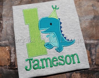 Dinosaur birthday shirt. T-rex with party hat.  Dino birthday. Applique birthday shirt. Custom birthday shirt. Personalized birthday shirt.