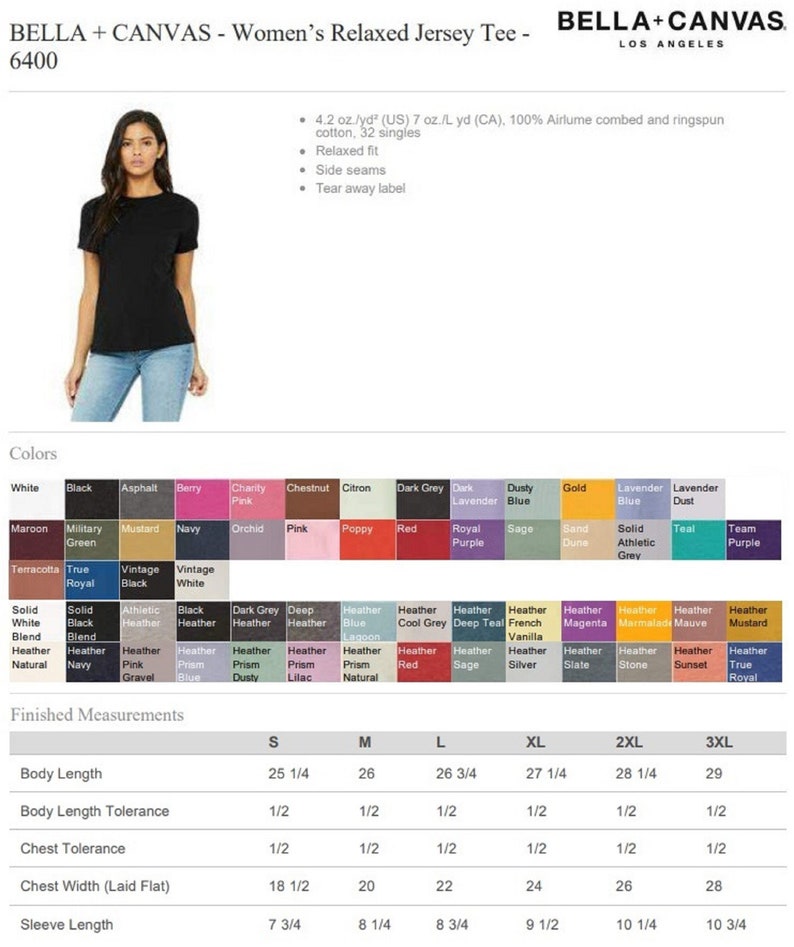 Puede incluir: Una camiseta de punto de jersey relajada para mujer de color negro con cuello redondo y mangas cortas. La camiseta est&aacute; hecha de algod&oacute;n peinado y ringspun Airlume 100%, 32 hilos, 4,2 oz/yd (US) 7 oz/L yd (CA). La camiseta tiene costuras laterales y una etiqueta que se puede quitar. La camiseta est&aacute; disponible en una variedad de colores, incluyendo blanco, negro, asfalto, baya, rosa caridad, casta&ntilde;o, lim&oacute;n, gris oscuro, lavanda oscuro, azul polvoriento, dorado, azul lavanda, polvo de lavanda, marr&oacute;n, verde militar, mostaza, azul marino, orqu&iacute;dea, rosa, amapola, rojo, morado real, salvia, duna de arena, gris atl&eacute;tico s&oacute;lido, azul verdoso y morado de equipo.