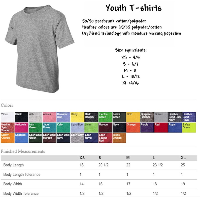 Op de afbeelding: Een tabel met de maten en kleuropties voor T-shirts voor jongeren. De tabel bevat maat-equivalenten, afgewerkte maten en een kleurenpalet met 28 verschillende kleuren. De tabel is getiteld "Youth T-shirts".
