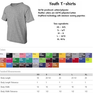 May include: A chart showing youth t-shirt sizes and color options. The chart includes size equivalents, finished measurements, and a color palette with 28 different colors. The chart is titled "Youth T-shirts".