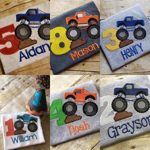 May include: Six personalized monster truck birthday shirts with a number and name on each. The shirts are in various colors, including red, yellow, green, and blue. The monster trucks are all blue, orange, or black.