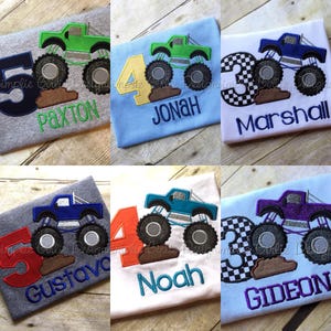 May include: Six personalized monster truck birthday shirts with different colored trucks and numbers. The shirts are in grey, blue, white, and light blue. The names on the shirts are Paxton, Jonah, Marshall, Gustavo, Noah, and Gideon.