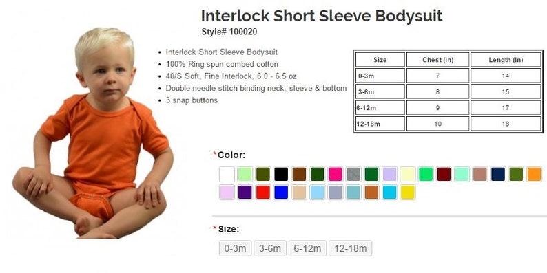 Op de afbeelding: Oranje korte mouwen bodysuit voor baby's met 3 drukknopen. De bodysuit is gemaakt van 100% ringgesponnen gekamd katoen en is verkrijgbaar in de maten 0-3 maanden, 3-6 maanden, 6-12 maanden en 12-18 maanden. De maattabel toont de borst- en lengtemaat in inches.