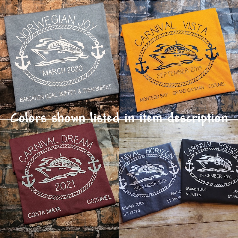 Puede incluir: Cuatro camisetas diferentes con un dise&ntilde;o de barco de crucero y texto. Las camisetas son de color gris, amarillo, granate y gris oscuro. El texto de las camisetas incluye los nombres de los barcos de crucero, las fechas de los cruceros y los destinos. El texto de las camisetas es de color blanco.