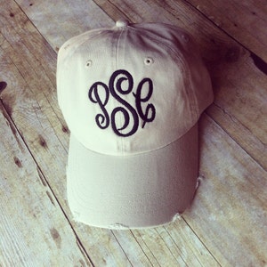 Custom monogrammed cap. Torn bill. Distressed. Embroidered hat.