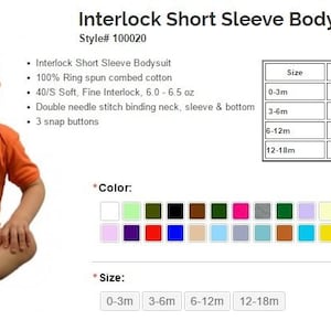 May include: Orange short-sleeve bodysuit for babies with 3 snap buttons. The bodysuit is made of 100% ring spun combed cotton and is available in sizes 0-3 months, 3-6 months, 6-12 months, and 12-18 months. The size chart shows the chest and length measurements in inches.
