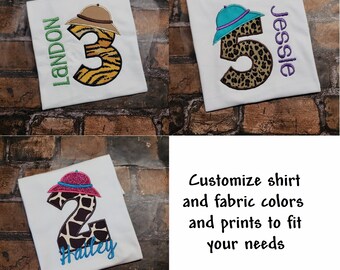 May include: Three white t-shirts with a number, a name, and a safari hat design. The numbers are 2, 3, and 5. The names are Landon, Hailey, and Jessie. The shirts are customizable with different colors and prints.