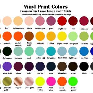Puede incluir: Una tabla de colores de impresi&oacute;n de vinilo con nombres para cada color. Los colores est&aacute;n dispuestos en filas y columnas. Las cuatro primeras filas tienen un acabado mate. El texto "Vinyl Print Colors" est&aacute; en la parte superior de la tabla. El texto "Colors in top 4 rows have a matte finish" est&aacute; debajo del t&iacute;tulo. El texto "Actual color may vary based on device/monitor settings" est&aacute; debajo de la segunda l&iacute;nea de texto.