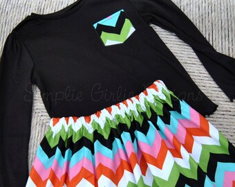 Chevron skirt and shirt set. Toddler. Long sleeve pocket T and matching skirt. READY TO SHIP.