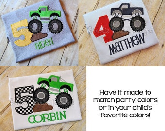 May include: Three personalised t-shirts featuring a green monster truck design. The shirts display the numbers 4, 5, and 5 with the names Matthew, Aiden, and Corbin.