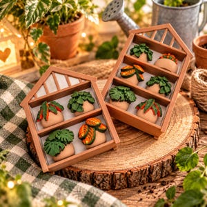 Puede incluir: Dos estantes de exhibición marrones con forma de casa que contienen figuras de plantas en macetas en miniatura. Los estantes cuentan con varios niveles con pequeñas plantas esculpidas de hojas verdes y naranjas en macetas color canela.