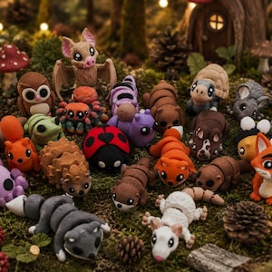 Op de afbeelding: Een verzameling kleine, gearticuleerde dierenfiguurtjes, waaronder een vleermuis, uil, spin, lieveheersbeestje, vos en diverse bosdieren. Elk figuurtje heeft een gestileerd ontwerp met grote ogen en gesegmenteerde lichamen, gegroepeerd bij elkaar.