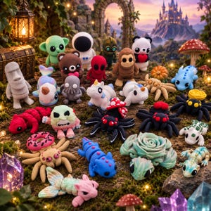 Könnte beinhalten: Eine Sammlung kleiner, bunter, beweglicher Figuren, darunter Spinnen, ein Bär, ein Astronaut, ein Einhorn, ein Drache und eine Sukkulente, die auf einer moosigen Oberfläche vor einer Schlosskulisse angeordnet sind.