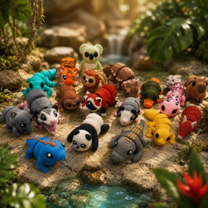 Könnte beinhalten: Eine Sammlung kleiner, beweglicher Tierfiguren, die verschiedene Arten wie einen Panda, ein Opossum, einen Tiger, einen Koala und verschiedene Reptilien darstellen. Jede Figur ist mit segmentierten Körpern, Details und leuchtenden Farben gestaltet.
