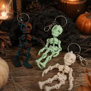 May include: Three articulated skeleton keychains with metal lobster claw clasps. One skeleton is colored in a gradient of dark blue and rust orange, one is a pale glow-in-the-dark green, and the third is a solid off-white cream color.