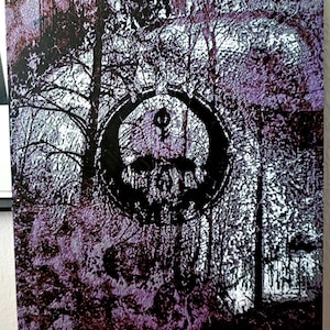 May include: A canvas print featuring a dark, textured forest scene with a prominent black skull emblem. The artwork has a gothic aesthetic, with shades of purple and silver enhancing the eerie atmosphere. The skull is encircled by a ring with a symbol.